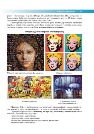 Різновиди модернізму 89
разів — Джоконди, Мерилін Монро або Альберта Ейнштейна. На портретах зо­
бражуються байдужі обличчя, позбавлені внутрішнього життя. Пейзажі стали
спрощеними і схожими на кадри з мультфільмів.
Синтезуючи розрізнені образи і несумісні речі, постмодерністське мистецтво
виробляє новий сенс, який не може бути ні однозначним, ні стабільним; за самим
своїм стилем воно покликане бути непевним і неоднозначним.
Галерея художніх напрямів постмодернізму
М. Ксут. Із серії портретів-колажів «День за днем» Е. Уорхолл «Мерилін»
А. Савадов. «Футбол» О. Міннібаєва. Із серії
«Ностальгічний живопис»
Живопис ХХ ст. продемонстрував величезну різноманітність напрямів і сти­
лів, невпинні пошуки митців нових, відповідних часові, зображальних засобів.
Спробуємо протиставити естетику модернізму та естетику постмодернізму за
кількома основними позиціями:
•уявлення про художника;
•тлумачення творів мистецтва;
•розуміння аудиторії і розуміння самого мистецтва;
•відношення до мистецтва.
 