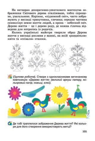 На витворах декоративно-ужиткового мистецтва зо­
браження Світового дерева стилізоване, тобто спроще­
не, узагальнене. Коріння, «підземний світ», часто зобра­
жують у вигляді трикутника, глечика; середня частина
символізує земне життя людей, а крона - небесний світ.
Дерево життя - це і дерево роду, де кожна гілочка від­
ведена для котрогось із родичів.
Колись українські майстри творили образ Дерева
життя у вигляді рослини у вазоні, на якій «розцвітали»
квіти та «співали» пташки.
^ (Групова робота). Створи з однокласниками витинанкову
композицію «Дерево життя» (великий аркуш паперу, ко­
льоровий папір, ножиці, клей).
Де тобі траплялося зображення Дерева життя? Які кольо­
ри для його створення використовують митці?
105
 