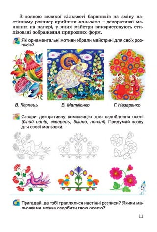 З появою великої кількості барвників на зміну на­
стінному розпису прийшли мальовки - декоративні ма­
люнки на папері, у яких майстри використовують сти­
лізовані зображення природних форм.
Які орнаментальні мотиви обрали майстрині для своїх роз­
писів?
В. Карпець В. Матвієнко Г. Назаренко
Створи декоративну композицію для оздоблення оселі
(білий папір, акварель, білило, пензлі). Придумай назву
для своєї мальовки.
Пригадай, де тобі траплялися настінні розписи? Якими ма-
льовками можна оздобити твою оселю?
11
 