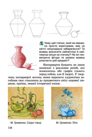 ли просто коричневим, має на
світлі неоднорідне забарвлення? Ти
можеш визначити найсвітліші й най-
темніші місця на глечику? На які гео­
метричні фігури ти умовно можеш
розкласти цей предмет?
Натюрморти бувають не лише
написані з реальних речей, які
живописець або графік ставить
перед собою, але й творчі. У твор­
чому натюрморті митець може виразити художніми за­
собами своє ставлення до предметного світу окремої лю­
дини, країни, певної історичної епохи.
М. Громенко. Східні танці
116
М. Громенко. Літо
 