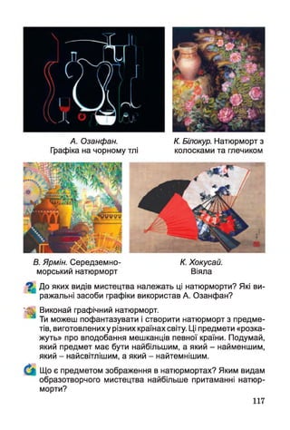 А. Озанфан.
Графіка на чорному тлі
К. Білокур. Натюрморт з
колосками та глечиком
В. Ярмін. Середземно- К. Хокусай.
морський натюрморт Віяла
^ До яких видів мистецтва належать ці натюрморти? Які ви­
ражальні засоби графіки використав А. Озанфан?
Виконай графічний натюрморт.
Ти можеш пофантазувати і створити натюрморт з предме­
тів, виготовлених у різних країнах світу. Ці предмети «розка­
жуть» про вподобання мешканців певної країни. Подумай,
який предмет має бути найбільшим, а який - найменшим,
який - найсвітлішим, а який - найтемнішим.
Що є предметом зображення в натюрмортах? Яким видам
образотворчого мистецтва найбільше притаманні натюр­
морти?
117
 