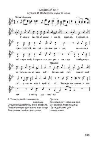 КАЗКОВИМ СВІТ
Музика М. Ведмедері, вірші Н. Бонь
Непоспішаючи
Ш і і і ^ іу щ і> ^ щп » іі » «~»Л
і __________і *— N ^
9
1 в 1
ц
1 • > • ---- •—
✓ »
1 в '
У каз-ці ви - гад ка жи ве і щи-ра прав да. Внійпов-но
1і> .. . . ^=1 — ь— — -в ---
І = Р =  г 7 •
при - стра стей, не - зві - да - них до ріг, ве - се - яки
ІЕ
М Г ГП ЩР Р Р Рквіт - нуть в ній, іск рять - ся зо - ре - па - ди, щобди -ву
Приспів:
Е з т
ва-тись ни-ми ко-жен зміг. Каз-ко-вий світ, каз-ко - вий
світ, у - я - ви злет і мрій по - літ. Зав жди щас - ли-ва у каз­
я ч } ..---- V 1 , ] 1ш) ' л ----^--- *--- *--- і- — о-----------
ках в кін - ці роз - в'яз - ка.
2. У казці давній є жива вода Приспів:
в криниці, Казковий світ,казковий світ,
Струмує мудрості там вічне джерело, Він береже людей від бід,
Повірю знову я, що чарівна жар-птиця І бути добрими усіх
Розправить осяйне своє крило. Навчає казка.
139
 