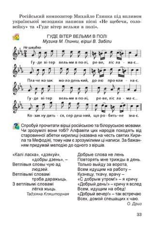 Російський композитор Михайло Глинка під впливом
української мелодики написав пісні «Не щебечи, соло­
вейку» та «Гуде вітер вельми в полі».
А ГУДЕ ВІТЕР ВЕЛЬМИ В ПОЛІ
Музика М. Глинки, вірші В. Забіли
Не швидко
Гу-д е ві-тер вель-ми в по лі, ре-ве, ліс ла - ма-є...
рр Р І Р р р р Р
Пла че ко-зак мо-ло-день-кий, до-лю про-кли - на-є.
Гу-д е ві-тер вель-ми в по лі, ре-ве, ліс ла - ма-є.
К о -зак ну дить - ся, сер-деш-ний, щ о р о -б и т ь -н е зна-є.
О Спробуй прочитати вірші російською та білоруською мовами.
Чи зрозумілі вони тобі? Алфавіти цих народів походять від
старовинної абетки кирилиці (названа на честь святих Кири­
ла та Мефодія), тому нам є зрозумілими ці написи. За бажан­
ням придумай мелодію до одного з віршів.
«Калі ласка», «дзякуй»,
«добры дзень», -
Ветлівьія словы чую ад
людзей.
Ветлівьмі словамі
трэба даражыць,
З ветлівьмі словамі
лёгка жыць.
Тадзіяна Кляшторная
Добрые слова не лень
Повторять мне трижды в день.
Только выйду за ворота,
Всем идущим на работу -
Кузнецу, ткачу, врачу -
«С добрым утром!» - я кричу.
«Добрый день!» - кричу я вслед
Всем, идущим на обед!
«Добрый вечер!» - так встречаю
Всех, домой спешащих к чаю.
О. Дриз
33
 