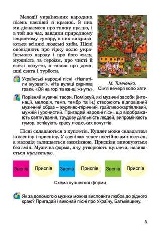 Мелодії українських народних
пісень наспівні й красиві. З них
ми дізнаємося про тяжку працю, і
в той же час, завдяки природному
іскристому гумору, в них викрива­
ються всілякі людські хиби. Пісні
оповідають про гірку долю укра­
їнського народу і про його силу,
мужність та героїзм, про чисті й
світлі почуття, а також про дома­
шні свята і турботи.
Українські народні пісні «Налеті­
ли журавлі», «На вулиці скрипка М. Тимченко.
грає», «Ой на горі та женці жнуть». Сім'я вечеря коло хати
^ Порівняй музичні твори. Поміркуй, які музичні засоби (інто­
нації, мелодія, темп, тембр та ін.) створюють відповідний
музичний образ - журливо-ліричний, грайливо-жартівливий,
мужній і урочистий. Пригадай народні пісні, що відобража­
ють святкування, трудову діяльність людей, випромінюють
гумор, оспівують красу людських почуттів.
Пісні складаються з куплетів. Куплет може складатися
із заспіву і приспіву. У заспівах текст постійно змінюється,
а мелодія залишається незмінною. Приспіви виконуються
без змін. Музична форма, яку утворюють куплети, назива­
ється куплетною.
Заспів Приспів Приспів Приспів
Схема куплетної форми
Як за допомогою музики можна висловити любов до рідного
краю? Пригадай і виконай пісні про Україну, Батьківщину.
5
 