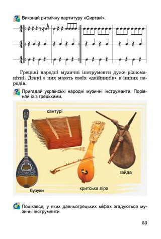 ^ Виконай ритмічну партитуру «Сиртакі».
Грецькі народні музичні інструменти дуже різнома­
нітні. Деякі з них мають своїх «двійників» в інших на­
родів.
^ Пригадай українські народні музичні інструменти. Порів­
няй їх з грецькими.
сантурі
гайда
бузуки критська ліра
Поцікався, у яких давньогрецьких міфах згадуються му­
зичні інструменти.
53
 