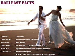 CAPITAL:

Denpasar

LANGUAGE:

Bahasa Indonesia & Balinese

RELIGION:

93% Hindus

TIME ZONE:

+ 8 HRS GMT (2 & ½ HRS ahead of IST)

AIRPORT:

Ngurah Rai International Airport, Denpasar

CURRENCY:

Indonesian Rupiah
ROE: 01 USD = 9000 Indonesian Rupiah (approx)

 