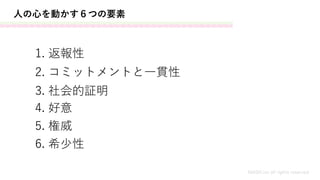 人の心を動かす６つの要素
6. 希少性
MASH.inc all rights reserved
1. 返報性
2. コミットメントと一貫性
3. 社会的証明
4. 好意
5. 権威
 