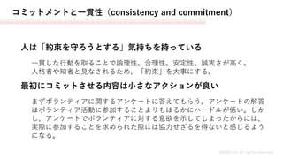 コミットメントと一貫性（consistency and commitment）
MASH.inc all rights reserved
人は「約束を守ろうとする」気持ちを持っている
最初にコミットさせる内容は小さなアクションが良い
一貫した行動を取ることで論理性、合理性、安定性、誠実さが高く、
人格者や知者と見なされるため、「約束」を大事にする。
まずボランティアに関するアンケートに答えてもらう。アンケートの解答
はボランティア活動に参加することよりもはるかにハードルが低い。しか
し、アンケートでボランティアに対する意欲を示してしまったからには、
実際に参加することを求められた際には協力せざるを得ないと感じるよう
になる。
 
