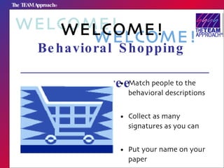 Behavioral Shopping Spree ,[object Object],[object Object],[object Object],WELCOME! WELCOME! WELCOME! 