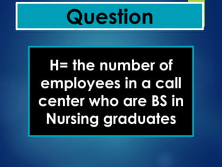 Question
H= the number of
employees in a call
center who are BS in
Nursing graduates
 