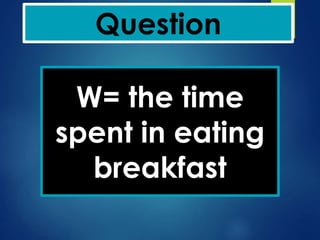 Question
W= the time
spent in eating
breakfast
 