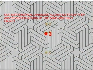 OUR MATHEMATICAL LANGUAGE ALLOWS US TO SAY THEY
ARE REPRESENTATIONS OF THE SAME ABSTRACT
OBJECT.
 