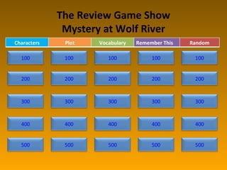 The Review Game Show Mystery at Wolf River Characters Plot Vocabulary Remember This Random 100 100 100 100 100 400 300 200 500 400 300 200 400 300 200 500 500 400 300 200 300 400 500 500 200 