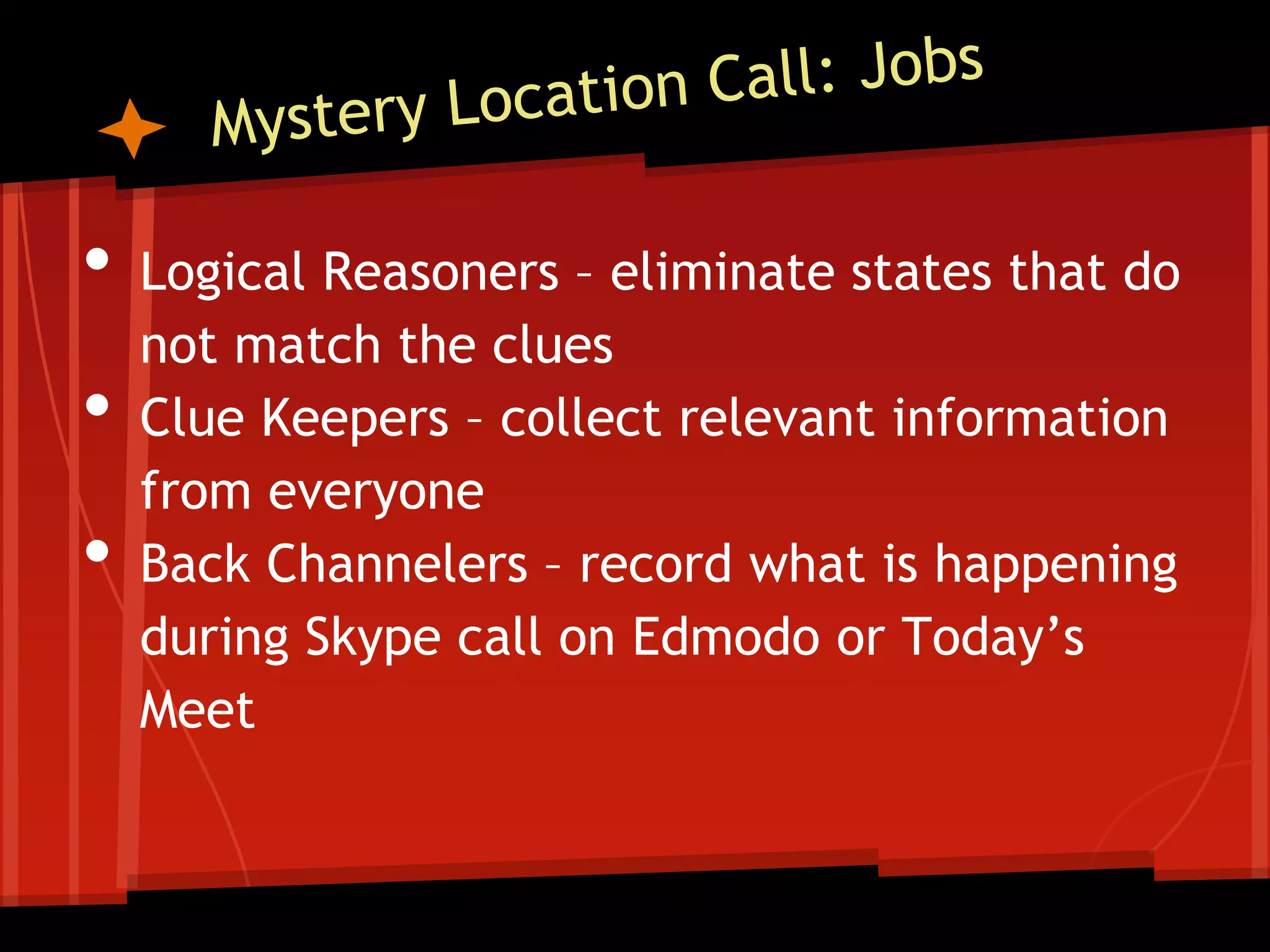 •
•
•

Logical Reasoners – eliminate states that do
not match the clues
Clue Keepers – collect relevant information
from everyone
Back Channelers – record what is happening
during Skype call on Edmodo or Today’s
Meet

 