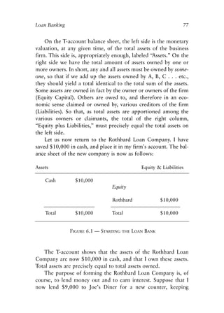 Chapter Six.qxp   8/4/2008   11:38 AM    Page 77




            Loan Banking                                                           77


                On the T-account balance sheet, the left side is the monetary
            valuation, at any given time, of the total assets of the business
            firm. This side is, appropriately enough, labeled “Assets.” On the
            right side we have the total amount of assets owned by one or
            more owners. In short, any and all assets must be owned by some-
            one, so that if we add up the assets owned by A, B, C . . . etc.,
            they should yield a total identical to the total sum of the assets.
            Some assets are owned in fact by the owner or owners of the firm
            (Equity Capital). Others are owed to, and therefore in an eco-
            nomic sense claimed or owned by, various creditors of the firm
            (Liabilities). So that, as total assets are apportioned among the
            various owners or claimants, the total of the right column,
            “Equity plus Liabilities,” must precisely equal the total assets on
            the left side.
                Let us now return to the Rothbard Loan Company. I have
            saved $10,000 in cash, and place it in my firm’s account. The bal-
            ance sheet of the new company is now as follows:

            Assets                                              Equity & Liabilities

                  Cash         $10,000
                                                   Equity

                                                   Rothbard              $10,000

                  Total        $10,000             Total                 $10,000


                             FIGURE 6.1 — STARTING     THE   LOAN BANK



               The T-account shows that the assets of the Rothbard Loan
            Company are now $10,000 in cash, and that I own these assets.
            Total assets are precisely equal to total assets owned.
               The purpose of forming the Rothbard Loan Company is, of
            course, to lend money out and to earn interest. Suppose that I
            now lend $9,000 to Joe’s Diner for a new counter, keeping
 