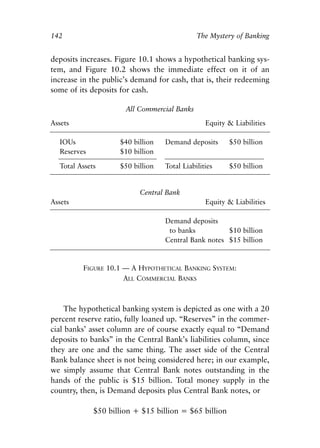 Chapter Ten.qxp   8/4/2008   11:38 AM   Page 142




            142                                               The Mystery of Banking


            deposits increases. Figure 10.1 shows a hypothetical banking sys-
            tem, and Figure 10.2 shows the immediate effect on it of an
            increase in the public’s demand for cash, that is, their redeeming
            some of its deposits for cash.

                                    All Commercial Banks
            Assets                                               Equity & Liabilities

              IOUs                $40 billion      Demand deposits      $50 billion
              Reserves            $10 billion

              Total Assets        $50 billion      Total Liabilities    $50 billion


                                         Central Bank
            Assets                                               Equity & Liabilities

                                                   Demand deposits
                                                    to banks          $10 billion
                                                   Central Bank notes $15 billion


                      FIGURE 10.1 — A HYPOTHETICAL BANKING SYSTEM:
                                  ALL COMMERCIAL BANKS



                 The hypothetical banking system is depicted as one with a 20
            percent reserve ratio, fully loaned up. “Reserves” in the commer-
            cial banks’ asset column are of course exactly equal to “Demand
            deposits to banks” in the Central Bank’s liabilities column, since
            they are one and the same thing. The asset side of the Central
            Bank balance sheet is not being considered here; in our example,
            we simply assume that Central Bank notes outstanding in the
            hands of the public is $15 billion. Total money supply in the
            country, then, is Demand deposits plus Central Bank notes, or

                         $50 billion + $15 billion = $65 billion
 