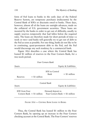 Chapter Ten.qxp   8/4/2008   11:38 AM    Page 150




            150                                             The Mystery of Banking


            form of Fed loans to banks in the early days of the Federal
            Reserve System, are temporary purchases (rediscounts) by the
            Central Bank of IOUs or discounts owed to banks. These days,
            however, almost all of the loans are outright advances, made on
            the collateral of U.S. government securities. These loans are
            incurred by the banks in order to get out of difficulty, usually to
            supply reserves temporarily that had fallen below the required
            ratio. The loans are therefore made for short periods of time—a
            week or two—and banks will generally try to get out of debt to
            the Fed as soon as possible. For one thing, banks do not like to be
            in continuing, quasi-permanent debt to the Fed, and the Fed
            would discourage any such tendency by a commercial bank.
                Figure 10.6 describes a case where the Central Bank has
            loaned $1 million of reserves to the Four Corners Bank, for a
            two-week period.

                                        Four Corners Bank
            Assets                                            Equity & Liabilities

                                                IOU to Central
                                                  Bank               + $1 million
              Reserves         + $1 million


                                          Central Bank
            Assets                                            Equity & Liabilities

              IOU from Four                    Demand deposit to
               Corners Bank + $1 million        Four Corners Bank + $1 million



                         FIGURE 10.6 — CENTRAL BANK LOANS     TO   BANKS



               Thus, the Central Bank has loaned $1 million to the Four
            Corners Bank, by opening up an increase in the Four Corners
            checking account at the Central Bank. The Four Corners’ reserves
 