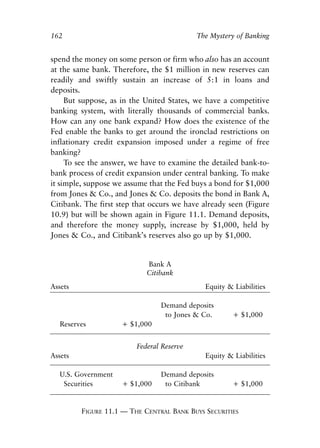 Chapter Eleven.qxp   8/4/2008   11:38 AM   Page 162




            162                                          The Mystery of Banking


            spend the money on some person or firm who also has an account
            at the same bank. Therefore, the $1 million in new reserves can
            readily and swiftly sustain an increase of 5:1 in loans and
            deposits.
                 But suppose, as in the United States, we have a competitive
            banking system, with literally thousands of commercial banks.
            How can any one bank expand? How does the existence of the
            Fed enable the banks to get around the ironclad restrictions on
            inflationary credit expansion imposed under a regime of free
            banking?
                 To see the answer, we have to examine the detailed bank-to-
            bank process of credit expansion under central banking. To make
            it simple, suppose we assume that the Fed buys a bond for $1,000
            from Jones & Co., and Jones & Co. deposits the bond in Bank A,
            Citibank. The first step that occurs we have already seen (Figure
            10.9) but will be shown again in Figure 11.1. Demand deposits,
            and therefore the money supply, increase by $1,000, held by
            Jones & Co., and Citibank’s reserves also go up by $1,000.


                                           Bank A
                                           Citibank
            Assets                                         Equity & Liabilities

                                               Demand deposits
                                                to Jones & Co.      + $1,000
              Reserves             + $1,000


                                       Federal Reserve
            Assets                                         Equity & Liabilities

              U.S. Government                  Demand deposits
               Securities          + $1,000     to Citibank         + $1,000


                      FIGURE 11.1 — THE CENTRAL BANK BUYS SECURITIES
 
