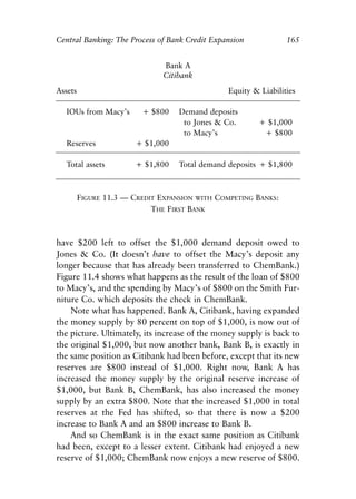 Chapter Eleven.qxp     8/4/2008   11:38 AM   Page 165




            Central Banking: The Process of Bank Credit Expansion              165


                                             Bank A
                                             Citibank
            Assets                                            Equity & Liabilities

              IOUs from Macy’s         + $800    Demand deposits
                                                  to Jones & Co.       + $1,000
                                                  to Macy’s             + $800
              Reserves               + $1,000

              Total assets           + $1,800    Total demand deposits + $1,800



                     FIGURE 11.3 — CREDIT EXPANSION WITH COMPETING BANKS:
                                        THE FIRST BANK



            have $200 left to offset the $1,000 demand deposit owed to
            Jones & Co. (It doesn’t have to offset the Macy’s deposit any
            longer because that has already been transferred to ChemBank.)
            Figure 11.4 shows what happens as the result of the loan of $800
            to Macy’s, and the spending by Macy’s of $800 on the Smith Fur-
            niture Co. which deposits the check in ChemBank.
                Note what has happened. Bank A, Citibank, having expanded
            the money supply by 80 percent on top of $1,000, is now out of
            the picture. Ultimately, its increase of the money supply is back to
            the original $1,000, but now another bank, Bank B, is exactly in
            the same position as Citibank had been before, except that its new
            reserves are $800 instead of $1,000. Right now, Bank A has
            increased the money supply by the original reserve increase of
            $1,000, but Bank B, ChemBank, has also increased the money
            supply by an extra $800. Note that the increased $1,000 in total
            reserves at the Fed has shifted, so that there is now a $200
            increase to Bank A and an $800 increase to Bank B.
                And so ChemBank is in the exact same position as Citibank
            had been, except to a lesser extent. Citibank had enjoyed a new
            reserve of $1,000; ChemBank now enjoys a new reserve of $800.
 