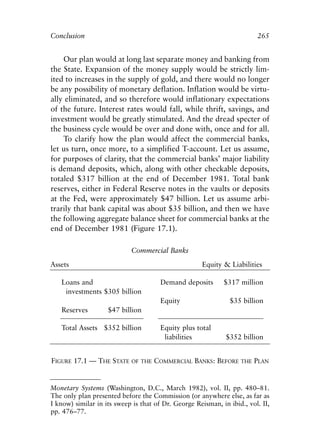 Chapter Seventeen.qxp    8/4/2008    11:38 AM    Page 265




            Conclusion                                                               265


                Our plan would at long last separate money and banking from
            the State. Expansion of the money supply would be strictly lim-
            ited to increases in the supply of gold, and there would no longer
            be any possibility of monetary deflation. Inflation would be virtu-
            ally eliminated, and so therefore would inflationary expectations
            of the future. Interest rates would fall, while thrift, savings, and
            investment would be greatly stimulated. And the dread specter of
            the business cycle would be over and done with, once and for all.
                To clarify how the plan would affect the commercial banks,
            let us turn, once more, to a simplified T-account. Let us assume,
            for purposes of clarity, that the commercial banks’ major liability
            is demand deposits, which, along with other checkable deposits,
            totaled $317 billion at the end of December 1981. Total bank
            reserves, either in Federal Reserve notes in the vaults or deposits
            at the Fed, were approximately $47 billion. Let us assume arbi-
            trarily that bank capital was about $35 billion, and then we have
            the following aggregate balance sheet for commercial banks at the
            end of December 1981 (Figure 17.1).

                                        Commercial Banks
            Assets                                               Equity & Liabilities

               Loans and                           Demand deposits       $317 million
                investments $305 billion
                                                   Equity                  $35 billion
               Reserves         $47 billion

               Total Assets $352 billion           Equity plus total
                                                    liabilities           $352 billion


            FIGURE 17.1 — THE STATE OF THE COMMERCIAL BANKS: BEFORE THE PLAN


            Monetary Systems (Washington, D.C., March 1982), vol. II, pp. 480–81.
            The only plan presented before the Commission (or anywhere else, as far as
            I know) similar in its sweep is that of Dr. George Reisman, in ibid., vol. II,
            pp. 476–77.
 