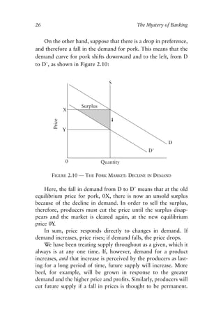 Chapter Two.qxp   8/4/2008   11:37 AM   Page 26




            26                                          The Mystery of Banking


                On the other hand, suppose that there is a drop in preference,
            and therefore a fall in the demand for pork. This means that the
            demand curve for pork shifts downward and to the left, from D
            to D′, as shown in Figure 2.10:




                    FIGURE 2.10 — THE PORK MARKET: DECLINE   IN   DEMAND

                Here, the fall in demand from D to D′ means that at the old
            equilibrium price for pork, 0X, there is now an unsold surplus
            because of the decline in demand. In order to sell the surplus,
            therefore, producers must cut the price until the surplus disap-
            pears and the market is cleared again, at the new equilibrium
            price 0Y.
                In sum, price responds directly to changes in demand. If
            demand increases, price rises; if demand falls, the price drops.
                We have been treating supply throughout as a given, which it
            always is at any one time. If, however, demand for a product
            increases, and that increase is perceived by the producers as last-
            ing for a long period of time, future supply will increase. More
            beef, for example, will be grown in response to the greater
            demand and the higher price and profits. Similarly, producers will
            cut future supply if a fall in prices is thought to be permanent.
 
