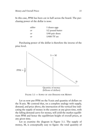 Chapter Three.qxp   8/4/2008   11:37 AM   Page 31




            Money and Overall Prices                                         31


            In this case, PPM has been cut in half across the board. The pur-
            chasing power of the dollar is now:

                           either            1 dozen eggs
                           or                1/2 pound butter
                           or                1/40 pair shoes
                           or                1/400 TV set

                Purchasing power of the dollar is therefore the inverse of the
            price level.




                      FIGURE 3.1 — SUPPLY   OF AND   DEMAND   FOR   MONEY

                Let us now put PPM on the Y-axis and quantity of dollars on
            the X-axis. We contend that, on a complete analogy with supply,
            demand, and price above, the intersection of the vertical line indi-
            cating the supply of money in the country at any given time, with
            the falling demand curve for money, will yield the market equilib-
            rium PPM and hence the equilibrium height of overall prices, at
            any given time.
                Let us examine the diagram in Figure 3.1. The supply of
            money, M, is conceptually easy to figure: the total quantity of
 