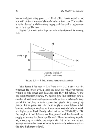 Chapter Three.qxp   8/4/2008   11:38 AM   Page 40




            40                                             The Mystery of Banking


            in terms of purchasing power, the $100 billion is now worth more
            and will perform more of the cash balance function. The market
            is again cleared, and the money supply and demand brought once
            more into equilibrium.
                 Figure 3.7 shows what happens when the demand for money
            falls.




                       FIGURE 3.7 — A FALL   IN THE   DEMAND   FOR   MONEY

                The demand for money falls from D to D′. In other words,
            whatever the price level, people are now, for whatever reason,
            willing to hold lower cash balances than they did before. At the
            old equilibrium price level, 0A, people now find that they have a
            surplus of cash balances burning a hole in their pockets. As they
            spend the surplus, demand curves for goods rise, driving up
            prices. But as prices rise, the total supply of cash balances, M,
            becomes no longer surplus, for it now must do cash balance work
            at a higher price level. Finally, when prices rise (PPM falls) to 0B,
            the surplus of cash balance has disappeared and the demand and
            supply of money has been equilibrated. The same money supply,
            M, is once again satisfactory despite the fall in the demand for
            money, because the same M must do more cash balance work at
            the new, higher price level.
 