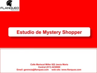 Estudio de Mystery Shopper 
INVERSIÓN 
Calle Mariscal Miller 922 Jesús María 
Central (511) 4238069 
Email: gerencia@flanqueo.com web site: www.flanqueo.com 
 