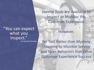 Several Tools are Available to
Inspect or Monitor the
Customer Experience
However,
No Tool Better than Mystery
Shopping to...