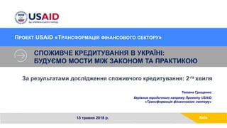 СПОЖИВЧЕ КРЕДИТУВАННЯ В УКРАЇНІ:
БУДУЄМО МОСТИ МІЖ ЗАКОНОМ ТА ПРАКТИКОЮ
ПРОЕКТ USAID «ТРАНСФОРМАЦІЯ ФІНАНСОВОГО СЕКТОРУ»
З...