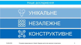 15.05.2018 Споживче кредитування в Україні: будуємо мости між законом та практикою 3
НАШЕ ДОСЛІДЖЕННЯ
КОНСТРУКТИВНЕ
НЕЗАЛЕ...