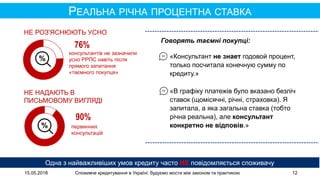 15.05.2018 Споживче кредитування в Україні: будуємо мости між законом та практикою 12
РЕАЛЬНА РІЧНА ПРОЦЕНТНА СТАВКА
Одна з найважливіших умов кредиту часто НЕ повідомляється споживачу
76%
НЕ НАДАЮТЬ В
ПИСЬМОВОМУ ВИГЛЯДІ
НЕ РОЗ'ЯСНЮЮТЬ УСНО
90%
первинних
консультацій
консультантів не зазначили
усно РРПС навіть після
прямого запитання
«таємного покупця»
Говорять таємні покупці:
«Консультант не знает годовой процент,
только посчитала конечную сумму по
кредиту.»
«В графіку платежів було вказано безліч
ставок (щомісячні, річні, страховка). Я
запитала, а яка загальна ставка (тобто
річна реальна), але консультант
конкретно не відповів.»
 