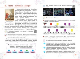 34 35
35
34
8. Театр і музика в Австрії
Визначний композитор Вольфганг
Амадей Моцарт народився в Зальц-
бурзі. Батько Вольфганга був ком-
позитором і придворним скрипалем.
Саме завдяки йому хлопчик із трьох
років почав грати на клавесині, а з
п’яти — писати музику.
Коли Моцарту виповнилося шість
років, батько повіз його разом із
сестрою на гастролі. Вони тривали
впродовж десяти років і принесли
Вольфгангу славу неперевершеного
віртуоза та імпровізатора. Багато творів Моцарта стали
шедеврами світової музики. З-поміж них — симфонії,
сонати, опери, зокрема остання — «Чарівна флейта».
Охарактеризуй музику рондо. Яка частина повторюється і
як часто? Скільки в рондо епізодів? Звучання якого інстру-
мента нагадує головна тема твору?
В.-А. Моцарт. Соната № 11, III частина — «Турецький
марш» (рондо).
Виконай пісню «Ухтимко».
М/ф «Чарівна флейта» (В.-А. Моцарт. Турецький
марш).
Знайди у музичному фрагменті ноти, біля яких знаходяться
знаки альтерації. Пригадай, як вони називаються.
Виконайте на дзвіночках в ансамблі з учителем чи учителькою
рефрен «Турецького маршу».
Об’єднайтеся у групи. Виконайте завдання на вибір.
Пригадайте пісні, які ви вивчали. Створіть із них мініконцерт
у формі рондо. Придумайте йому назву. Презентуйте свій
мініконцерт однокласникам та однокласницям.
Пригадайте українську народну пісню-гру «Ходить гарбуз по
городу». Поміркуйте, як її можна виконати у формі рондо.
Презентуйте пісню у ролях у формі рондо.
Придумайте і намалюйте форму «Смачного рондо» (із ягід
фруктів тощо). Підберіть музику для рефрена та епізодів.
1
2
3
Рондо — (від італ. «рух по колу») — музична
форма, в якій відбувається чергування
головної теми і контрастних епізодів.
РЕФРЕН РЕФРЕН РЕФРЕН
ЕПІЗОД 1 ЕПІЗОД 2
Головна тема рондо (рефрен) повторюється не менше
трьох разів. І між цими повтореннями щоразу звучить
інша — контрастна музика, яка називається епізод.
Л. Кармонтель.
Леопольд Моцарт
музикує з дітьми
 