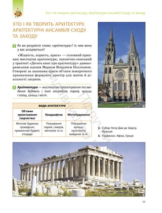 11
Хто і як творить архітектуру. Архітектурні ансамблі Сходу та Заходу
ХТО І ЯК ТВОРИТЬ АРХІТЕКТУРУ.
АРХІТЕКТУРНІ АНСАМБЛІ СХОДУ
ТА ЗАХОДУ
Як ви розумієте слово «архітектура»? Із чим воно
у вас асоціюється?
«Міцність, користь, краса» — головний прин-
цип мистецтва архітектури, лаконічно описаний
у трактаті «Десять книг про архітектуру» давньо-
римським зодчим Марком Вітрувієм Полліоном.
Створені за законами краси об’єкти конкретного
призначення формують простір для життя й ді-
яльності людини.
Архітектура — мистецтво проєктування та зве-
дення будівель і їхніх ансамблів, парків, вулиць
і площ, селищ і міст.
ВИДИ АРХІТЕКТУРИ
Об’ємне
проєктування
(зодчество)
Ландшафтна Містобудування
Житлові будинки,
громадські,
промислові будівлі,
споруди
Планування
парків, скверів,
квітників та ін.
Планування
вулиць,
проспектів,
майданів та ін.
2
3
2. Собор Нотр-Дам дe Шартр.
Франція
3. Парфенон. Афіни, Греція
П
і
д
р
у
ч
н
и
к
в
и
д
а
в
н
и
ц
т
в
о
"
Р
а
н
о
к
"
 