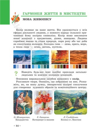 • 14 •
МОВА ЖИВОПИСУ
ГАРМОНІЯ ЖИТТЯ В МИСТЕЦТВІ
Колір впливає на наше життя. Він ураховується у всіх
сферах діяльності людини, у кожного народу склалася при-
таманна йому колірна символіка. Колір може викликати
певні асоціації з предметами, діями, явищами. Людина
сприймає явища та стани природи, пори року або час доби
як сполучення кольорів. Холодна гама — зима, крига, море,
а тепла гама — осінь, вогонь, пустеля.
Наведіть будь-які інші подібні приклади загально-
людських та власних колірних асоціацій.
Основним виражальним засобом живопису є колір.
Розгляньте твори. Опишіть, що зображено на них. Розка-
жіть, як, на вашу думку, використані колірні сполучення
для створення художніх образів та композиційного центру.
О. Шовкуненко.
Бандуристка
Р. Гаппасов.
Натюрморт із маками
Л. Слободська.
Копиці в с. Княгиня
П
і
д
р
у
ч
н
и
к
В
и
д
а
в
н
и
ц
т
в
о
"
Р
а
н
о
к
"
 