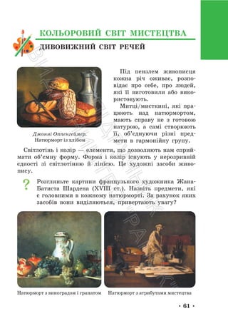 • 61 •
Під пензлем живописця
кожна річ оживає, розпо-
відає про себе, про людей,
які її виготовили або вико-
ристовують.
Митці/мисткині, які пра-
цюють над натюрмортом,
мають справу не з готовою
натурою, а самі створюють
її, об’єднуючи різні пред-
мети в гармонійну групу.
Світлотінь і колір — елементи, що дозволяють нам сприй-
мати об’ємну форму. Форма і колір існують у нерозривній
єдності зі світлотінню й лінією. Це художні засоби живо-
пису.
Розгляньте картини французького художника Жана-
Батиста Шардена (XVIII ст.). Назвіть предмети, які
є головними в кожному натюрморті. За рахунок яких
засобів вони виділяються, привертають увагу?
Джонні Оппенгеймер.
Натюрморт із хлібом
Натюрморт з виноградом і гранатом Натюрморт з атрибутами мистецтва
ДИВОВИЖНИЙ СВІТ РЕЧЕЙ
КОЛЬОРОВИЙ СВІТ МИСТЕЦТВА
П
і
д
р
у
ч
н
и
к
В
и
д
а
в
н
и
ц
т
в
о
"
Р
а
н
о
к
"
 