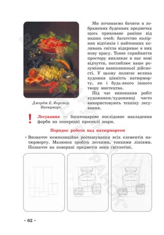 • 62 •
Ми починаємо бачити в зо-
бражених буденних предметах
щось приховане раніше від
наших очей: багатство колір-
них відтінків і найтонших ко-
ливань світла відкриває в них
нову красу. Тонке сприйняття
простору викликає в нас нові
відчуття, поглиблює наше ро-
зуміння навколишньої дійсно-
сті. У цьому полягає велика
художня цінність натюрмор-
ту, як і будь-якого іншого
твору мистецтва.
Під час виконання робіт
художники/художниці часто
використовують техніку лесу-
вання.
Лесування — багатошарове послідовне накладення
фарби на попередні просохлі шари.
Порядок роботи над натюрмортом
• Визначте композиційне розташування всіх елементів на-
тюрморту. Малюнок зробіть легкими, тонкими лініями.
Позначте на поверхні предметів зони світлотіні.
Джордж Е. Форстер.
Натюрморт.
П
і
д
р
у
ч
н
и
к
В
и
д
а
в
н
и
ц
т
в
о
"
Р
а
н
о
к
"
 