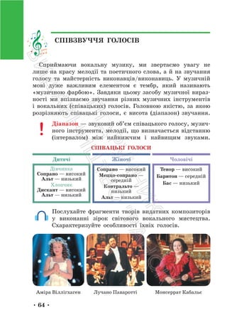 • 64 •
Сприймаючи вокальну музику, ми звертаємо увагу не
лише на красу мелодії та поетичного слова, а й на звучання
голосу та майстерність виконавців/виконавиць. У музичній
мові дуже важливим елементом є тембр, який називають
«музичною фарбою». Завдяки цьому засобу музичної вираз-
ності ми впізнаємо звучання різних музичних інструментів
і вокальних (співацьких) голосів. Головною якістю, за якою
розрізняють співацькі голоси, є висота (діапазон) звучання.
Діапазон — звуковий об’єм співацького голосу, музич-
ного інструмента, мелодії, що визначається відстанню
(інтервалом) між найнижчим і найвищим звуками.
Послухайте фрагменти творів видатних композиторів
у виконанні зірок світового вокального мистецтва.
Схарактеризуйте особливості їхніх голосів.
СПІВАЦЬКІ ГОЛОСИ
Дитячі Чоловічі
Жіночі
Дівчинка
Сопрано — високий
Альт — низький
Хлопчик
Дискант — високий
Альт — низький
Сопрано — високий
Меццо-сопрано —
середній
Контральто —
низький
Альт — низький
Тенор — високий
Баритон — середній
Бас — низький
Монсеррат Кабальє
Лучано Паваротті
Аміра Віллігхаген
СПІВЗВУЧЧЯ ГОЛОСІВ
П
і
д
р
у
ч
н
и
к
В
и
д
а
в
н
и
ц
т
в
о
"
Р
а
н
о
к
"
 