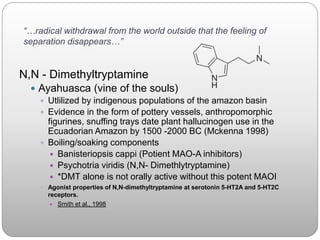 “…radical withdrawal from the world outside that the feeling of
separation disappears…”
N,N - Dimethyltryptamine
 Ayahuasca (vine of the souls)
 Utlilized by indigenous populations of the amazon basin
 Evidence in the form of pottery vessels, anthropomorphic
figurines, snuffing trays date plant hallucinogen use in the
Ecuadorian Amazon by 1500 -2000 BC (Mckenna 1998)
 Boiling/soaking components
 Banisteriopsis cappi (Potient MAO-A inhibitors)
 Psychotria viridis (N,N- Dimethlytryptamine)
 *DMT alone is not orally active without this potent MAOI
 Agonist properties of N,N-dimethyltryptamine at serotonin 5-HT2A and 5-HT2C
receptors.
 Smith et al,, 1998
 