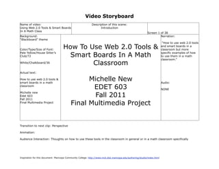 Video Storyboard
Name of video:                                               Description of this scene:
Using Web 2.0 Tools & Smart Boards                                 Introduction
In A Math Class
                                                                                                             Screen 1 of 38
Background:                                                                                                           Narration:
“Blackboard” theme
                                                                                                                            “How to use web 2.0 tools

Color/Type/Size of Font:             How To Use Web 2.0 Tools &                                                            and smart boards in a
                                                                                                                           classroom but more

                                       Smart Boards In A Math
Pale Yellow/House Sitter’s                                                                                                 specific examples of how
Club/72                                                                                                                    to use them in a math
                                                                                                                           classroom.”
White/Chalkboard/36                          Classroom
Actual text:

How to use web 2.0 tools &
smart boards in a math
                                                 Michelle New                                                              Audio:
classroom
                                                  EDET 603                                                                 NONE

                                                  Fall 2011
Michelle new
Edet 603
Fall 2011
Final Multimedia Project
                                           Final Multimedia Project


Transition to next clip: Perspective

Animation:

Audience Interaction: Thoughts on how to use these tools in the classroom in general or in a math classroom specifically




Inspiration for this document: Maricopa Community College. http://www.mcli.dist.maricopa.edu/authoring/studio/index.html
 