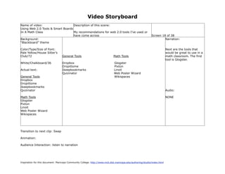 Video Storyboard
Name of video:                     Description of this scene:
Using Web 2.0 Tools & Smart Boards
In A Math Class                    My recommendations for web 2.0 tools I’ve used or
                                   have come across                                                          Screen 18 of 38
Background:                                                                                                           Narration:
“Blackboard” theme

Color/Type/Size of Font:                                                                                                   Next are the tools that
Pale Yellow/House Sitter’s                                                                                                 would be great to use in a
Club/72                            General Tools                             Math Tools                                    math classroom. The first
                                                                                                                           tool is Glogster.
White/Chalkboard/36                Dropbox                                    Glogster
                                   Dropittome                                 Pixton
Actual text:                       Ikeepbookmarks                             Linoit
                                   Quizinator                                 Web Poster Wizard
General Tools                                                                 Wikispaces
Dropbox
Dropittome
Ikeepbookmarks
Quizinator                                                                                                                 Audio:

Math Tools                                                                                                                 NONE
Glogster
Pixton
Linoit
Web Poster Wizard
Wikispaces




Transition to next clip: Swap

Animation:

Audience Interaction: listen to narration




Inspiration for this document: Maricopa Community College. http://www.mcli.dist.maricopa.edu/authoring/studio/index.html
 