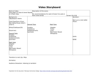 Video Storyboard
Name of video:                     Description of this scene:
Using Web 2.0 Tools & Smart Boards
In A Math Class                    My recommendations for web 2.0 tools I’ve used or
                                   have come across                                                          Screen 20 of 38
Background:                                                                                                           Narration:
“Blackboard” theme
                                                                                                                           Next up is a tool called
Color/Type/Size of Font:                                                                                                   Pixton.
Pale Yellow/House Sitter’s
Club/72                            General Tools                             Math Tools

White/Chalkboard/36                Dropbox                                    Glogster
                                   Dropittome                                 Pixton
Actual text:                       Ikeepbookmarks                             Linoit
                                   Quizinator                                 Web Poster Wizard
General Tools                                                                 Wikispaces
Dropbox
Dropittome                                                                                                                 Audio:
Ikeepbookmarks
Quizinator                                                                                                                 NONE

Math Tools
Glogster
Pixton
Linoit
Web Poster Wizard
Wikispaces




Transition to next clip: Wipe

Animation:

Audience Interaction: listening to narration




Inspiration for this document: Maricopa Community College. http://www.mcli.dist.maricopa.edu/authoring/studio/index.html
 