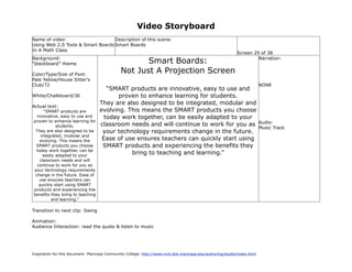 Video Storyboard
Name of video:                     Description of this scene:
Using Web 2.0 Tools & Smart Boards Smart Boards
In A Math Class
                                                                                                             Screen 29 of 38
Background:
“blackboard” theme                                    Smart Boards:                                                   Narration:


Color/Type/Size of Font:
                                               Not Just A Projection Screen
Pale Yellow/House Sitter’s
Club/72                                                                                                                    NONE
                                       “SMART products are innovative, easy to use and
White/Chalkboard/36                        proven to enhance learning for students.
                                    They are also designed to be integrated, modular and
Actual text:
       “SMART products are          evolving. This means the SMART products you choose
  innovative, easy to use and         today work together, can be easily adapted to your
proven to enhance learning for                                                                                             Audio:
             students.              classroom needs and will continue to work for you as
                                                                                                                           Music Track
 They are also designed to be        your technology requirements change in the future.
    integrated, modular and
    evolving. This means the         Ease of use ensures teachers can quickly start using
 SMART products you choose           SMART products and experiencing the benefits they
 today work together, can be
      easily adapted to your
                                               bring to teaching and learning.”
    classroom needs and will
  continue to work for you as
your technology requirements
 change in the future. Ease of
   use ensures teachers can
   quickly start using SMART
products and experiencing the
benefits they bring to teaching
          and learning.”

Transition to next clip: Swing

Animation:
Audience Interaction: read the quote & listen to music




Inspiration for this document: Maricopa Community College. http://www.mcli.dist.maricopa.edu/authoring/studio/index.html
 