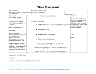 Video Storyboard
Name of video:                     Description of this scene:
Using Web 2.0 Tools & Smart Boards My Recommendations
In A Math Class
                                                                                                             Screen 33 of 38
Background:                                                    My Recommendations                                     Narration:
“blackboard” theme
                                                                                                   You can also create your
                                                                                                   own smart board lessons
Color/Type/Size of Font:                   •   Smart Exchange                                      using the Notebook
Pale Yellow/House Sitter’s                                                                         software. I have included
Club/72                                           • TONS of lessons & resources for the classroom! an example of one of mine
                                                                                                   that I created during my
White/Chalkboard/36                                                                                student teaching.
                                                     •    Create your own
Actual text:

Smart Exchange
-Tons of lessons & resources                         •    Make lessons interactive                                         Audio:
for the classroom!
-Create your own                                                                                                           NONE
-Make lessons interactive                            •    Find Powerpoints to use
-Find Powerpoints to use

Allow students to become                                 Allows students to become hands on in
hands on in their learning
and puts a virtual aspect to
math where students can                            their learning and puts a virtual aspect to math
manipulate their problems.

                                                   where students can manipulate their problems

Transition to next clip: Cube

Animation:

Audience Interaction: read text & listen to narration




Inspiration for this document: Maricopa Community College. http://www.mcli.dist.maricopa.edu/authoring/studio/index.html
 