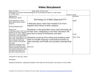 Video Storyboard
Name of video:                     Description of this scene:
Using Web 2.0 Tools & Smart Boards How can technology be used in a math class?
In A Math Class
                                                                                                             Screen 6 of 38
Background:                                                                                                           Narration:
“Blackboard” theme
                                               Technology In A Math Classroom????
Color/Type/Size of Font:                                                                                                   NONE
Pale Yellow/House Sitter’s
Club/72                            • Attitudes about math have tended to be more
                                   negative than those of other subjects
White/Chalkboard/36

Actual text:                     •Students in this generation have used technology all
• Attitudes about math have of their lives. Integrating it into their education will
tended to be more negative
than those of other subjects give them a sense of familiarity and ease.                                                    Audio:
•Students in this generation
have used technology all of •Students would go from hating and dreading math                                               Music Track
their lives. Integrating it into
their education will give        class to actually enjoying it and looking forward to
them a sense of familiarity class everyday and finally and actually understanding
and ease.                        it!
•Students would go from
hating and dreading math
                                 [pictures]
class to actually enjoying it
and looking forward to class
everyday and finally and
actually understanding it!


Transition to next clip: Swing

Animation:

Audience Interaction: reading the bullets on the slide and forming their own opinion on the matter




Inspiration for this document: Maricopa Community College. http://www.mcli.dist.maricopa.edu/authoring/studio/index.html
 