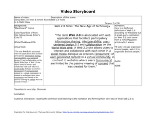 Video Storyboard
Name of video:                     Description of this scene:
Using Web 2.0 Tools & Smart Boards Web 2.0 Tools
In A Math Class
                                                                                          Screen 7 of 38
Background:                                     Web 2.0 Tools: The New Age of Technology           Narration:
“Blackboard” theme                                                                                 Here is a technical
                                                                                                   definition of Web 2.0
Color/Type/Size of Font:                                                                           according to Wikipedia but
Pale Yellow/House Sitter’s                      “The term Web 2.0 is associated with web           A great quick explination
Club/72                                                                                            on Web 2.0 tools came
                                                  applications that facilitate participatory
                                                                                                   from a Time Magazine
White/Chalkboard/36                             information sharing, interoperability, user-       article which states:
                                             centered design,[1] and collaboration on the
Actual text:                                World Wide Web. A Web 2.0 site allows users to “If web 1.0 was organized
                                                                                              around pages, web 2.0 is
“The term Web 2.0 is associated              interact and collaborate with each other in a organized around people.”
with web applications that facilitate      social media dialogue as creators (prosumers) of
participatory information sharing,
interoperability, user-centered            user-generated content in a virtual community, in
design,[1] and collaboration on the         contrast to websites where users (consumers) Audio:
World Wide Web. A Web 2.0 site
allows users to interact and               are limited to the passive viewing of content that
                                                                                              NONE
collaborate with each other in a                         was created for them.”
social media dialogue as creators
(prosumers) of user-generated
content in a virtual community, in
contrast to websites where users
(consumers) are limited to the
passive viewing of content that was
created for them.”


Transition to next clip: Shimmer

Animation:

Audience Interaction: reading the definition and listening to the narration and forming their own idea of what web 2.0 is




Inspiration for this document: Maricopa Community College. http://www.mcli.dist.maricopa.edu/authoring/studio/index.html
 