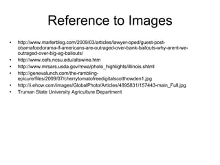 Reference to Images http://www.marlerblog.com/2009/03/articles/lawyer-oped/guest-post-obamafoodorama-if-americans-are-outraged-over-bank-bailouts-why-arent-we-outraged-over-big-ag-bailouts/ http://www.cefs.ncsu.edu/altswine.htm http://www.mrsars.usda.gov/mwa/photo_highlights/illinois.shtml http://genevalunch.com/the-rambling-epicure/files/2009/07/cherrytomatofreedigitalscotthowden1.jpg http://i.ehow.com/images/GlobalPhoto/Articles/4895831/157443-main_Full.jpg Truman State University Agriculture Department 
