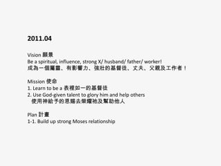 2011.04
Vision 
Be a spiritual, influence, strong X/ husband/ father/ worker!
ɞһ`ӰѵĻͽɷ򡢸Hߣ
Mission ʹ
1. Learn to be a eһĻͽ
2. Use God-given talent to glory him and help others
ʹoĶnȥsҫk
Plan Ӌ
1-1. Build up strong Moses relationship

 