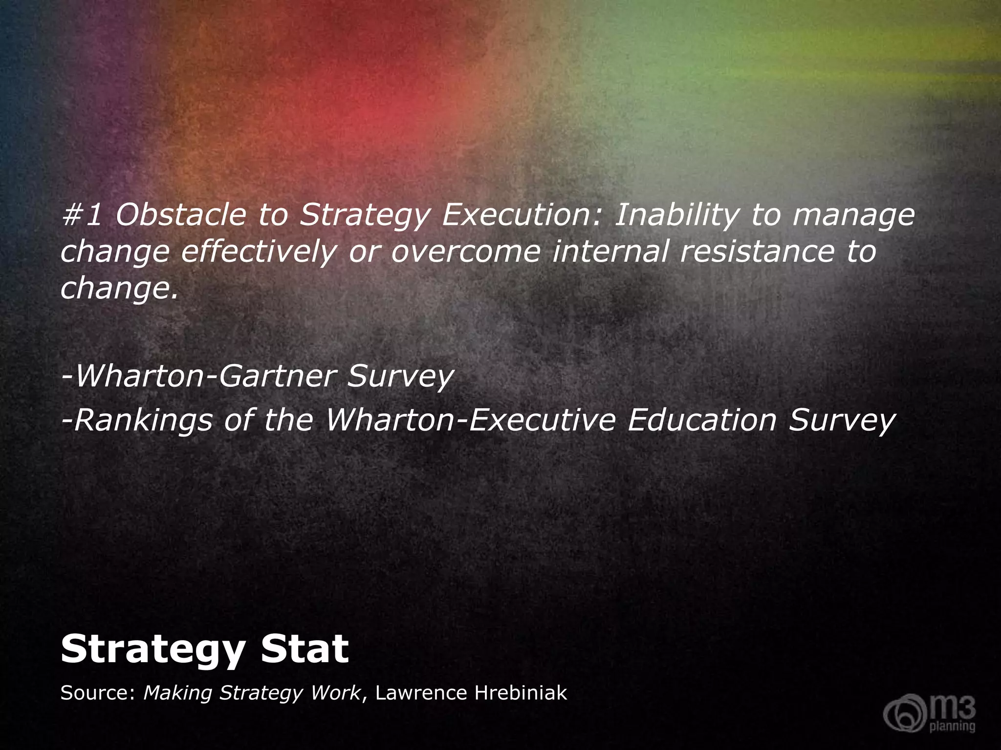 #1 Obstacle to Strategy Execution: Inability to manage
change effectively or overcome internal resistance to
change.

-Wharton-Gartner Survey
-Rankings of the Wharton-Executive Education Survey




Strategy Stat
Source: Making Strategy Work, Lawrence Hrebiniak
 