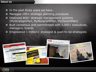 About Us


      In the past three years we have…
      Managed 100+ strategic planning processes
      Deployed 800+ strategic management systems
      (MyStrategicPlan, MyNonprofitPlan, MyChurchPlan)
      Built consensus and commitment with 3,000+ executives,
      managers, boards
      Empowered 1 million+ strategist & soon-to-be strategists
 